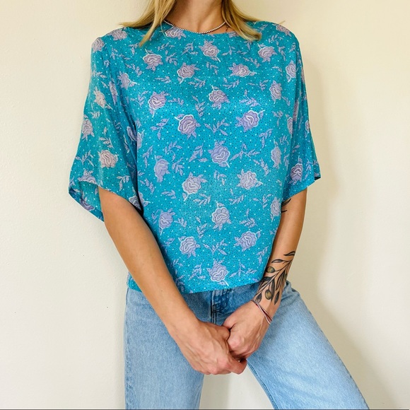 Vintage royal silk turquoise floral print polka dot blouse top - Picture 4 of 10